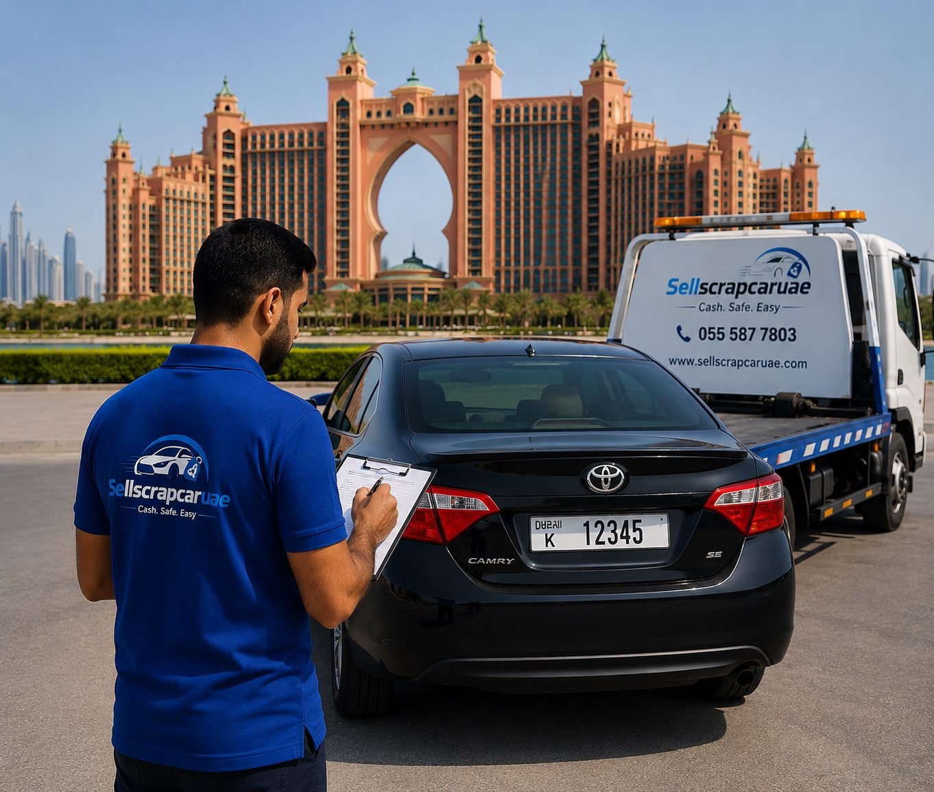 Scrap car collection team removing a vehicle in UAE